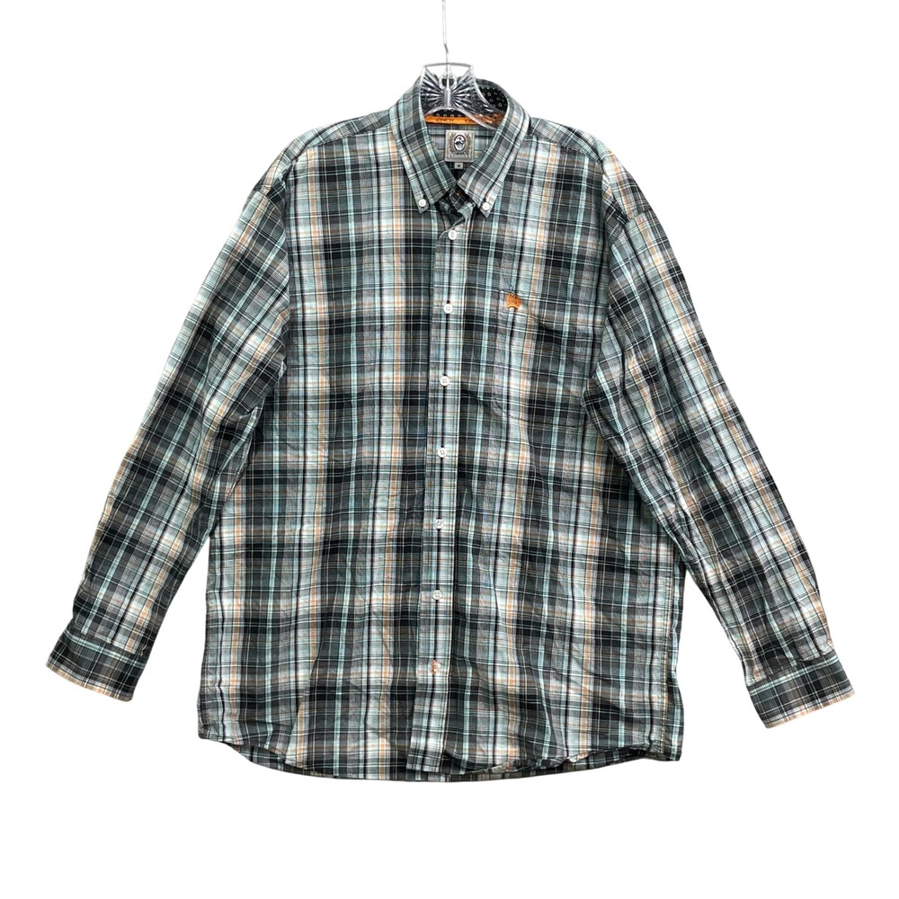 Cinch Western Shirt Men's Medium Black Teal Orange Plaid Cowboy Rodeo Academia